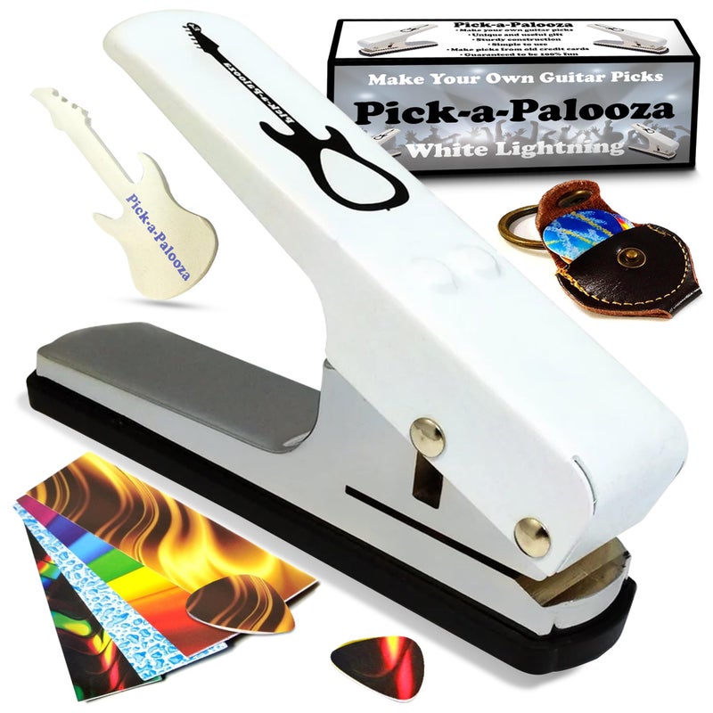Pick-a-Palooza DIY Guitar Pick Punch Gift Pack - Premium Pick-Maker with Leather Key Chain Holder, 4 Strips and a File - White - Image 1